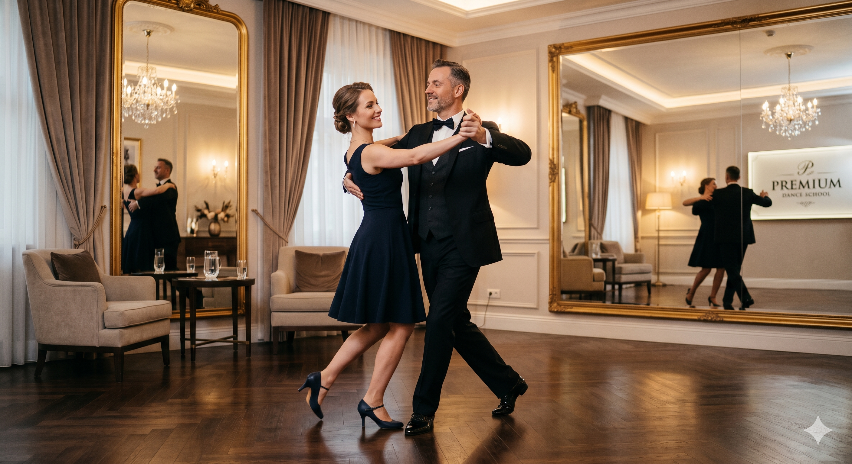 Elegant couple performing ballroom dance in a spotlight